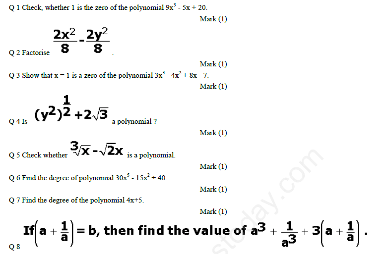 CBSE Class 9 Mathematics Polynomials Assignment Set D